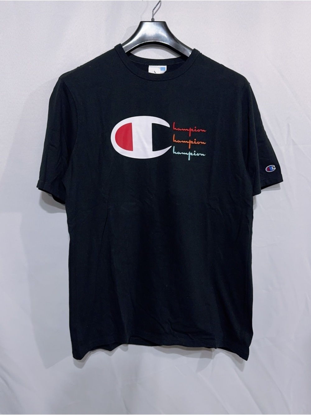 Champion Men’s Heritage Retro Embroidery Logo T Shirt Tee Black Size L NWT
